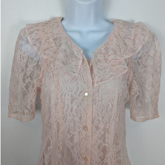 VTG 80's Amy Too Byer Calif. Pink Lace Mini Dress Sheer Slip Dress See Measure - Picture 3 of 12